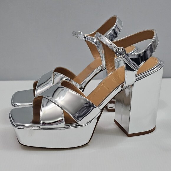 Aeyde Platform Block Heel Sandal Women EU 39 Metallic Silver Leather Ankle Strap - Picture 16 of 16